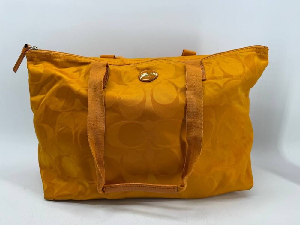 Coach Signature Nylon Tote Bag Orange Large Shoulder Travel Zip Top